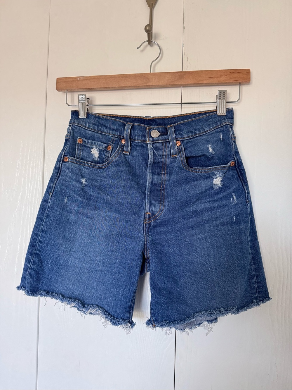 Levi's 501, Button Fly - Dark Blue Denim Distressed Raw-Hem Jean Shorts